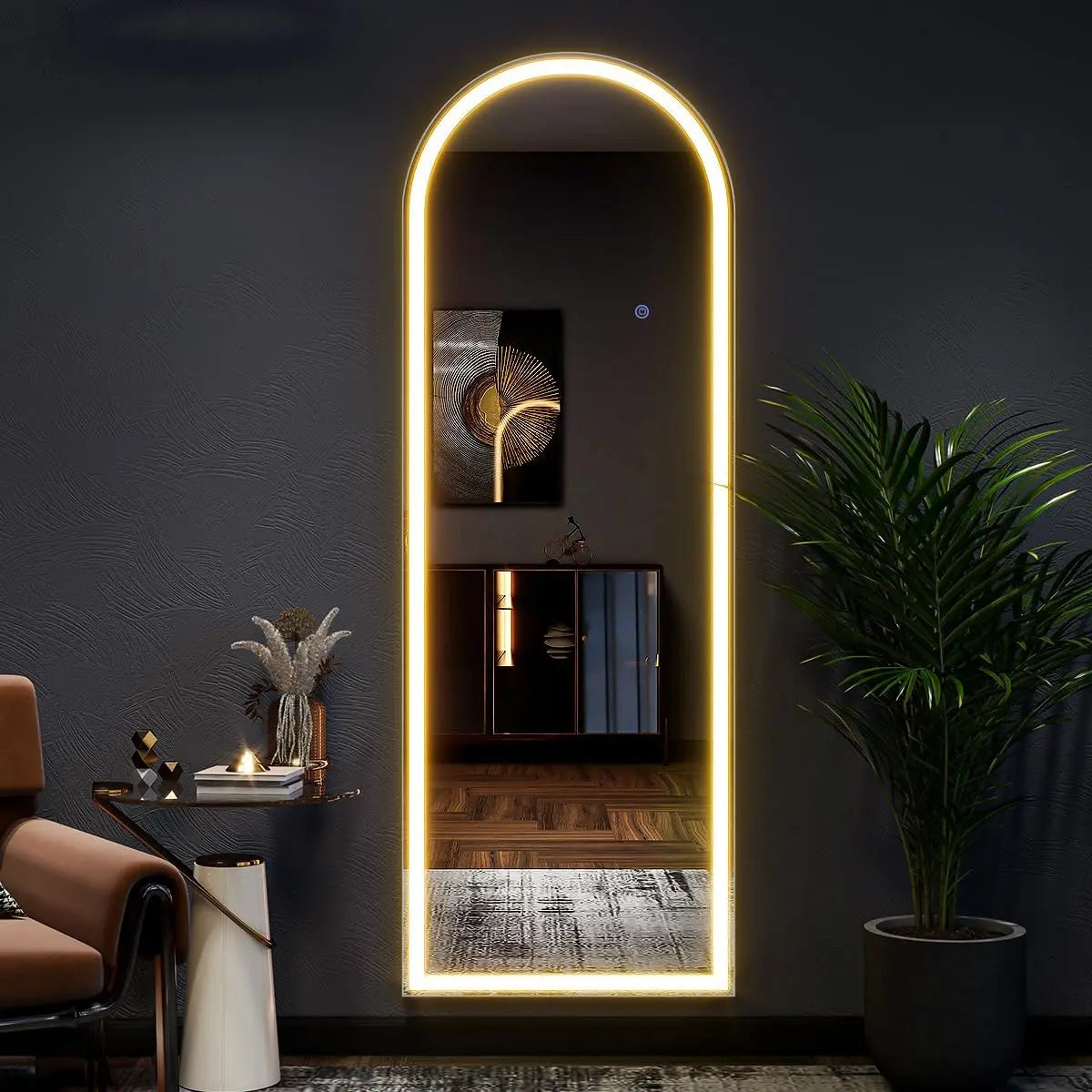 63×20" Arched Full‑Length Mirror with LED Lights – Dimmable & 3‑Color Modes