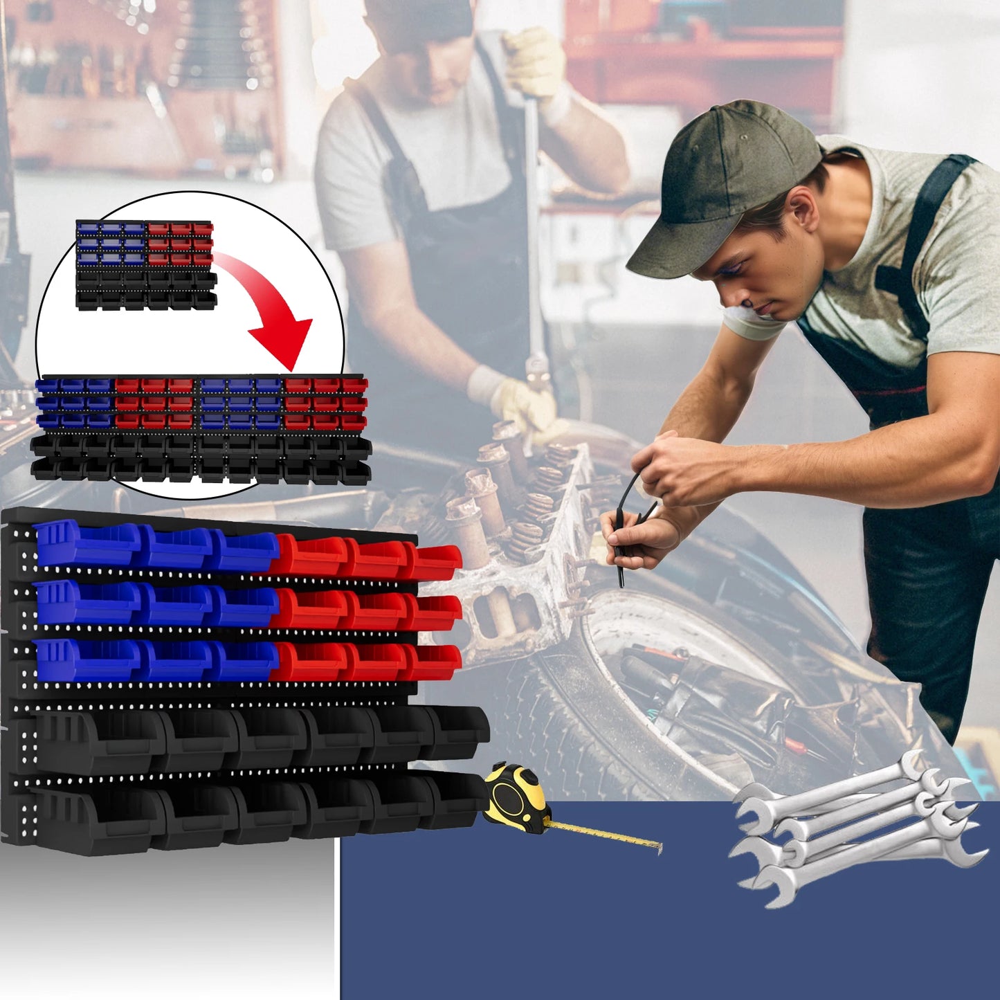 30‑Piece Wall‑Mounted Storage Bins Set – Plastic Garage Organizer Rack System for Tools & Hardware