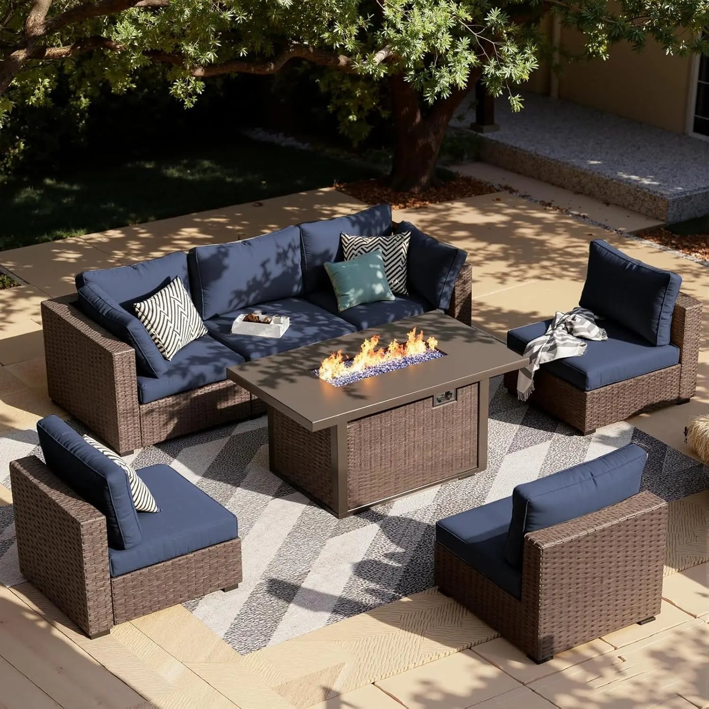 7-Pieces Patio Furniture Sets Outdoor Sectional Sofa with 44'' Propane Rattan Wicker Firepit Table