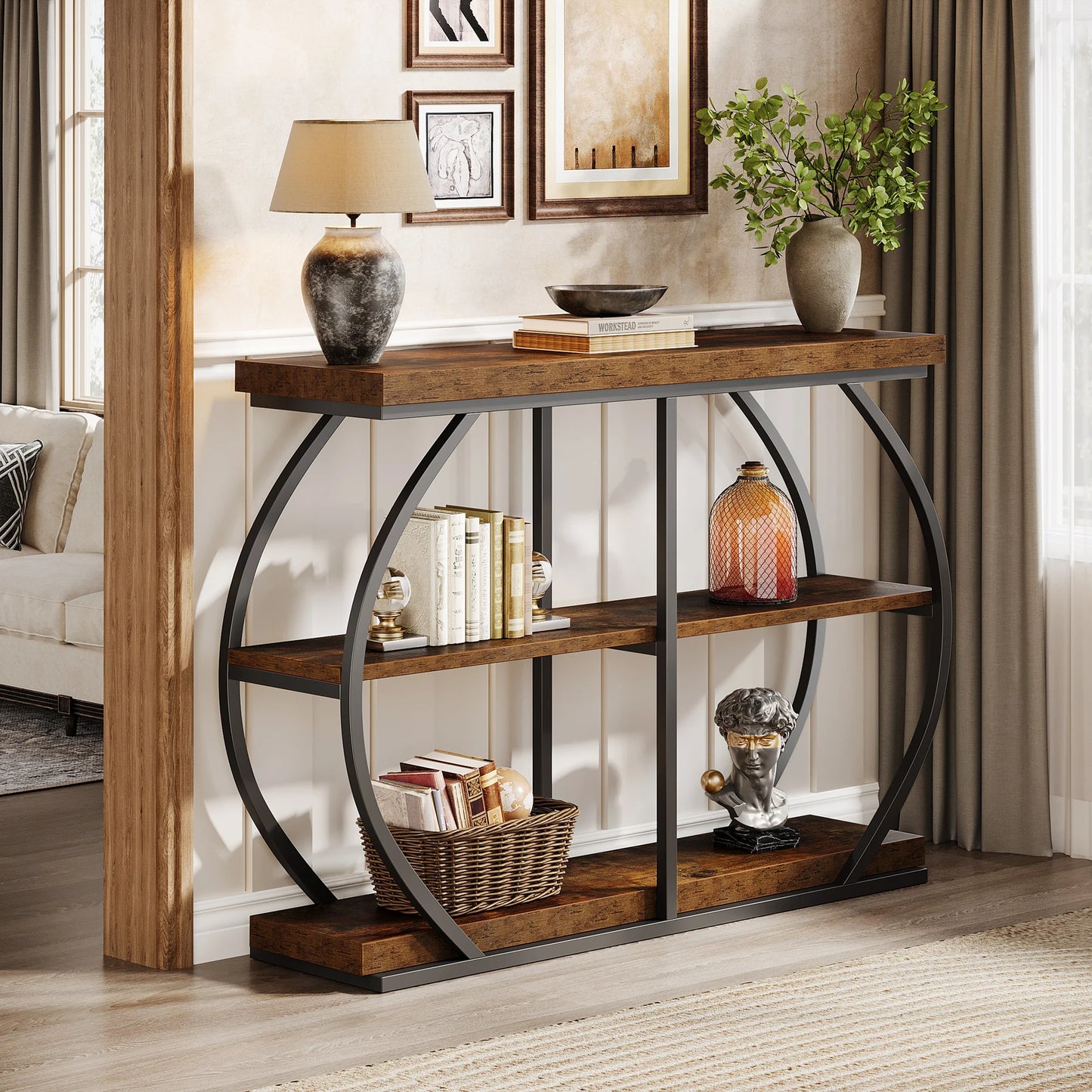41" Console Table, 3-Tier Entryway Table with Arched Metal Frame and Storage Shelves for Living Room