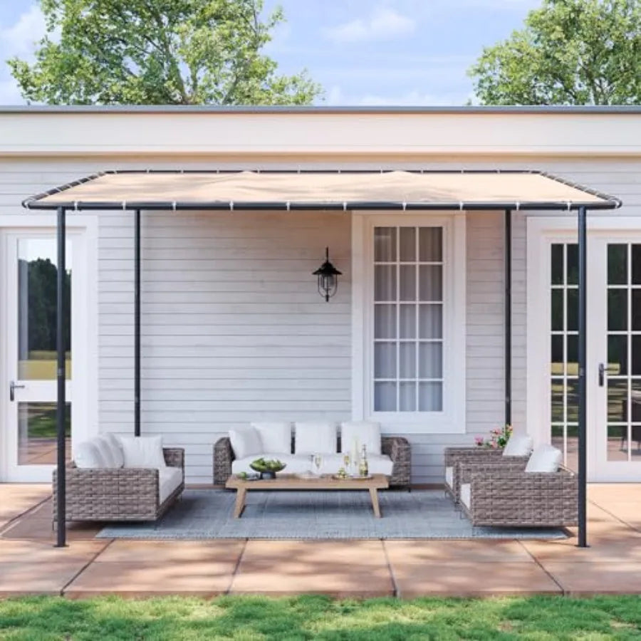 10x12 Lean to Gazebo Outdoor Pergola with Water Resistant UV-Resistant Wall-Mounted Canopy Sloped Roof Awning for Patio or Backyard
