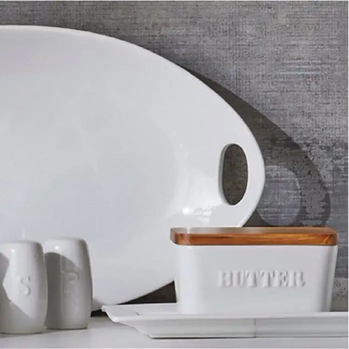 White and Acacia Wood Porcelain Embossed Butter Dish