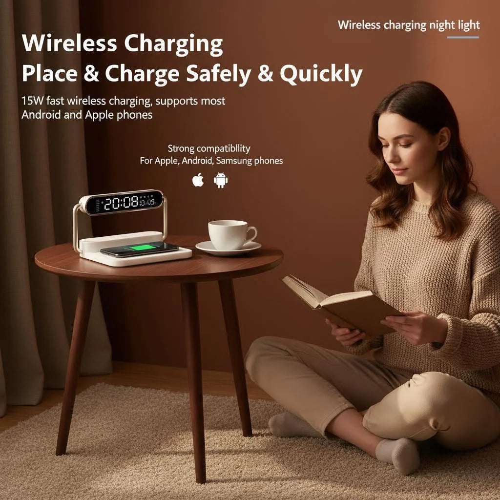 3-in-1 Bedside Charging Hub – Minimalist Alarm Clock & Dimmable Night Light