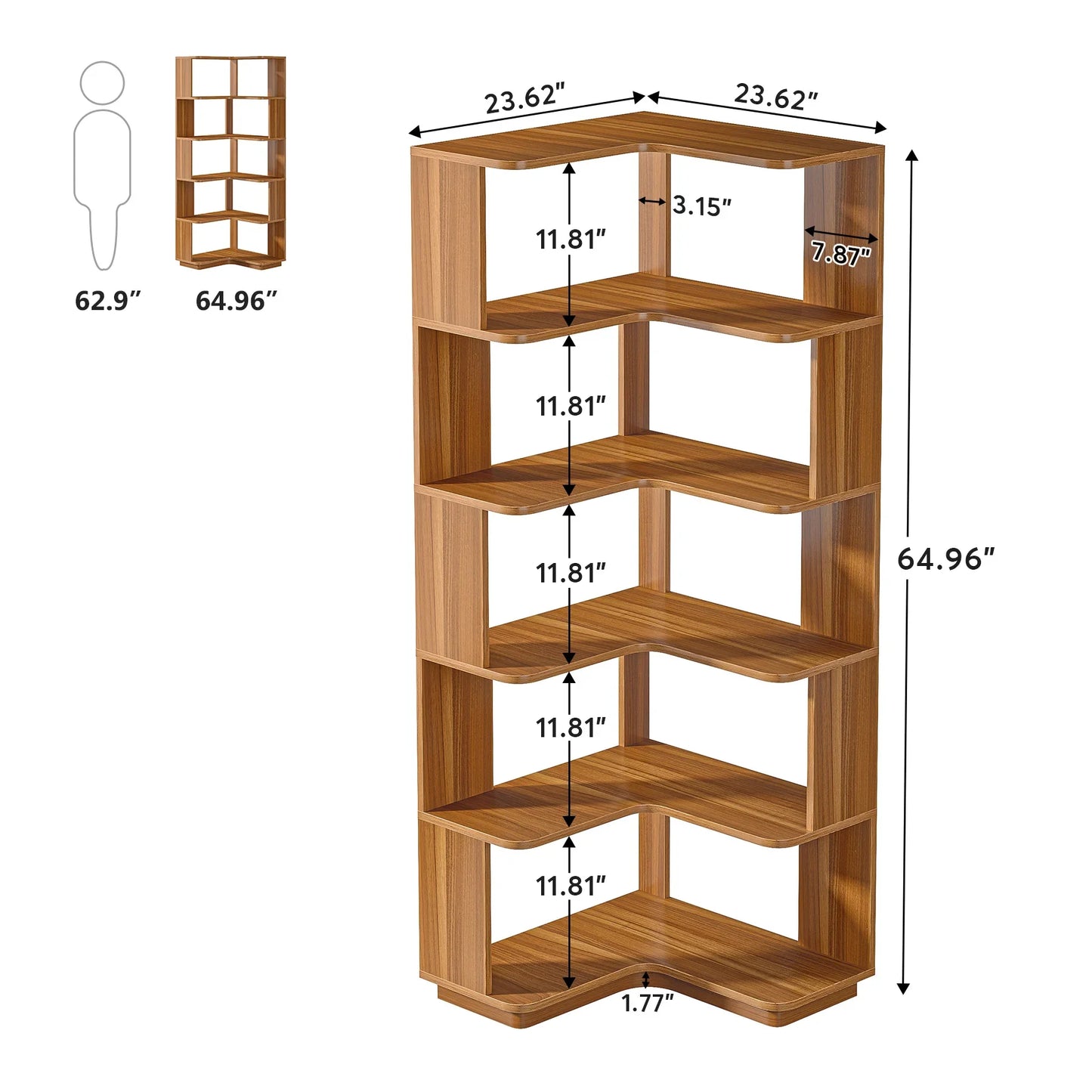 65" Tall Industrial Corner Bookshelf | 6-Tier Storage Bookcase with Anti-Drop Panels