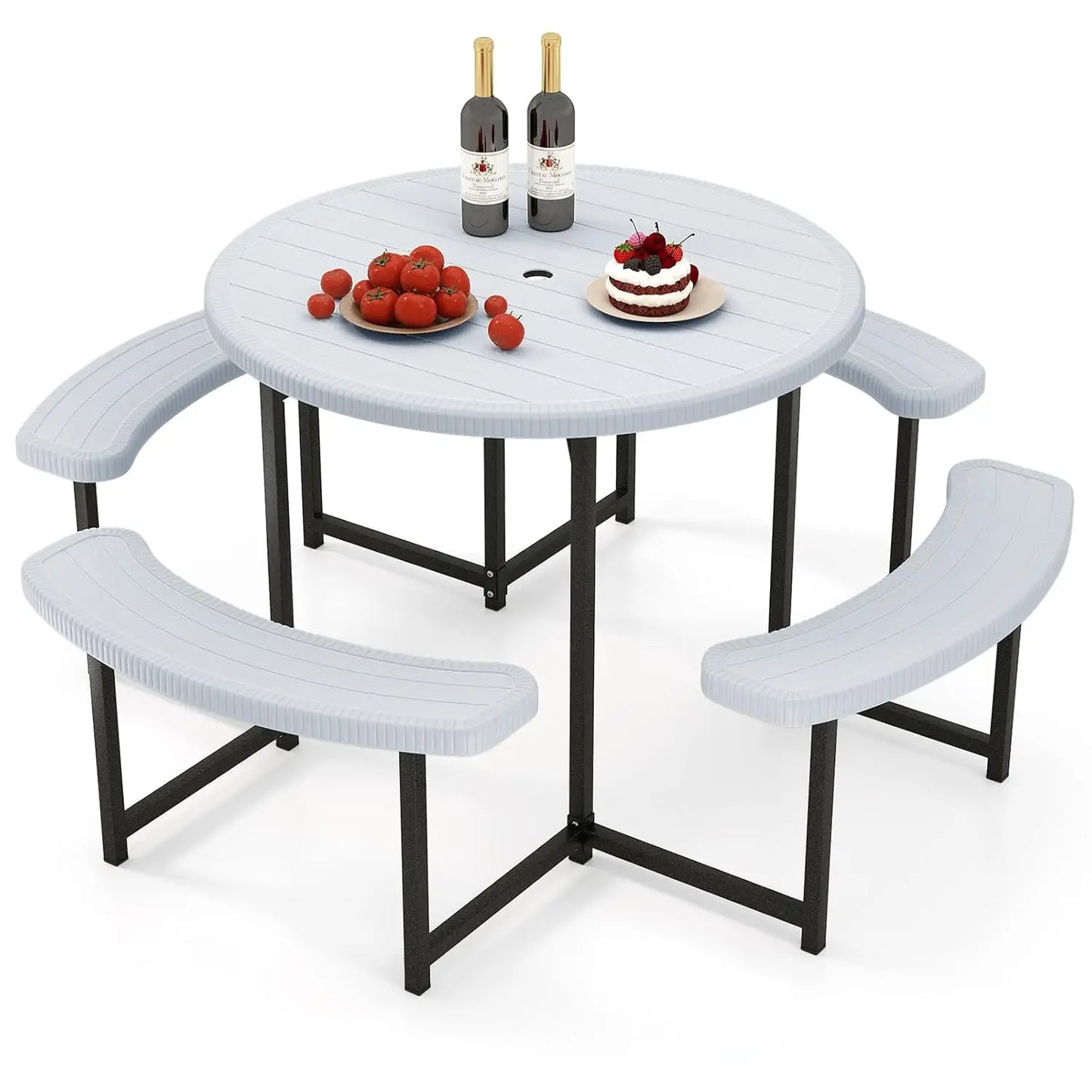37" Round Picnic Table & Chair Set – Seats 4–8, Outdoor Table with Umbrella Holes