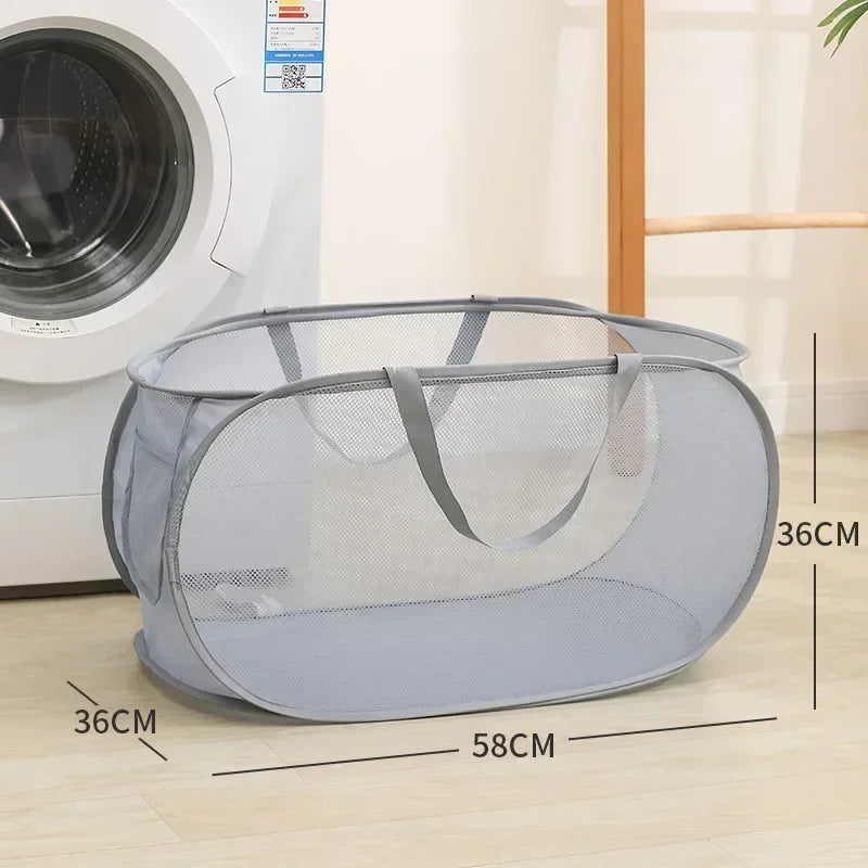 Durable Collapsible Laundry Basket, Mesh Pop Up Laundry Hamper With Side Pocket, Foldable Clothes Storage Hamper