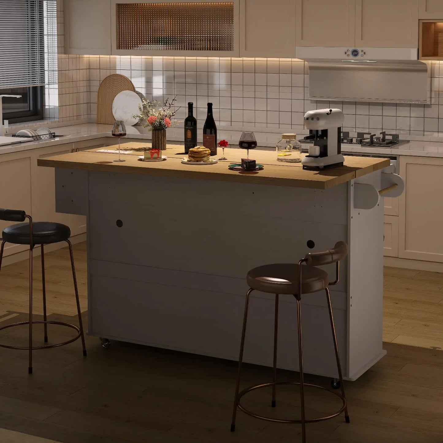 60" Mobile Kitchen Island with Table Drop Leaf, Power Outlets, Spice & Towel Rack, and Trash Cabinet