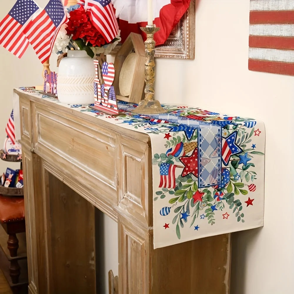 Independence Day Patriotic Table Runner, Linen 2D Print, USA Flag Star Table Decor for Dining Room & Kitchen, or Outdoors