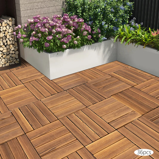 36‑Pack 12" x 12" Hardwood Interlocking Patio Deck Tiles – Natural Wood Outdoor Flooring for Patios, Balconies & Walkways
