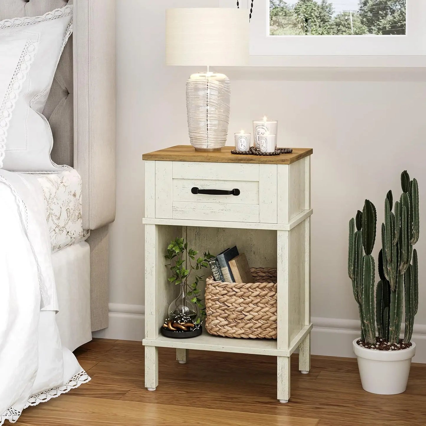 White Bedside Table with Drawer – Small Farmhouse Wooden Nightstand for Bedroom