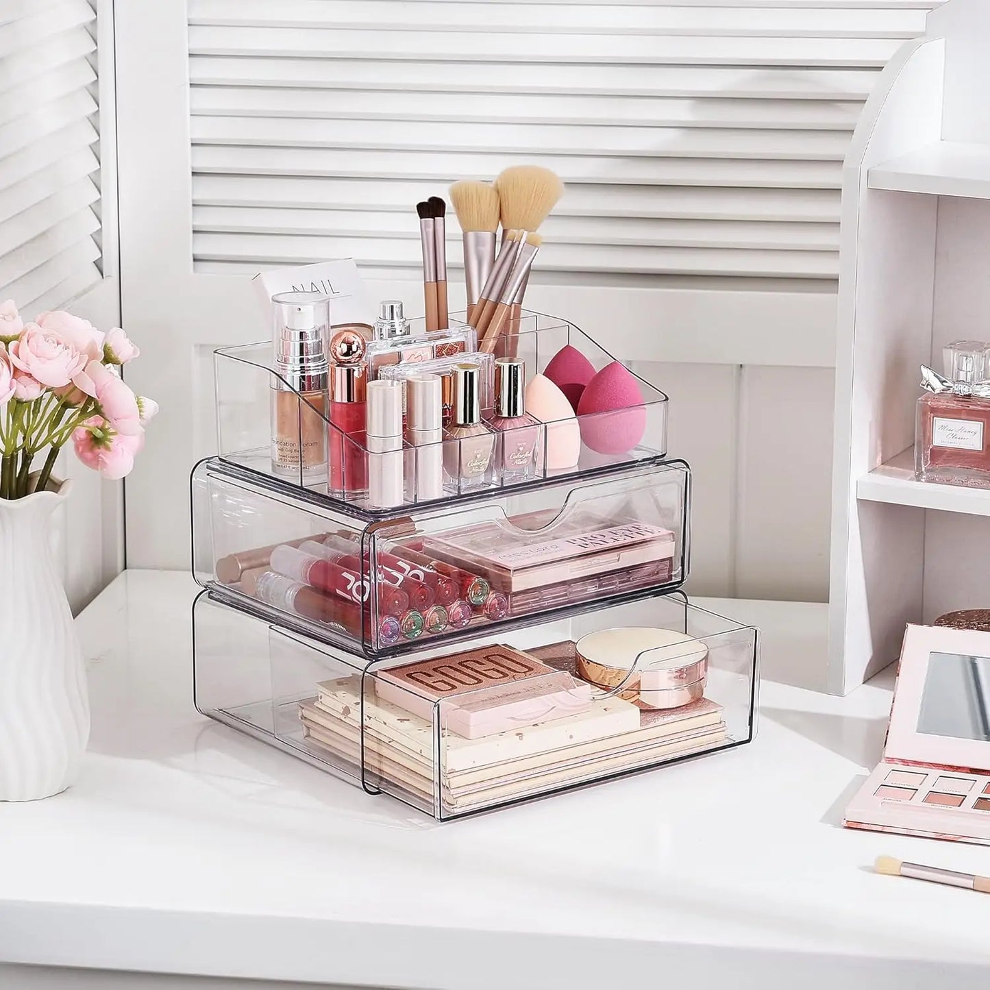 3‑Tier Clear Makeup Organizer with Drawer – Acrylic Cosmetic Storage for Vanity & Bathroom