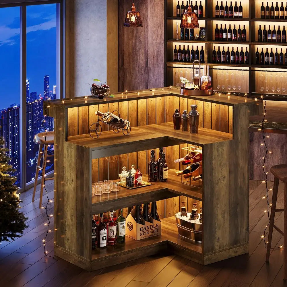 Home Bar Unit, 4Tier with Storage Shelves and Wine Glasses Holder