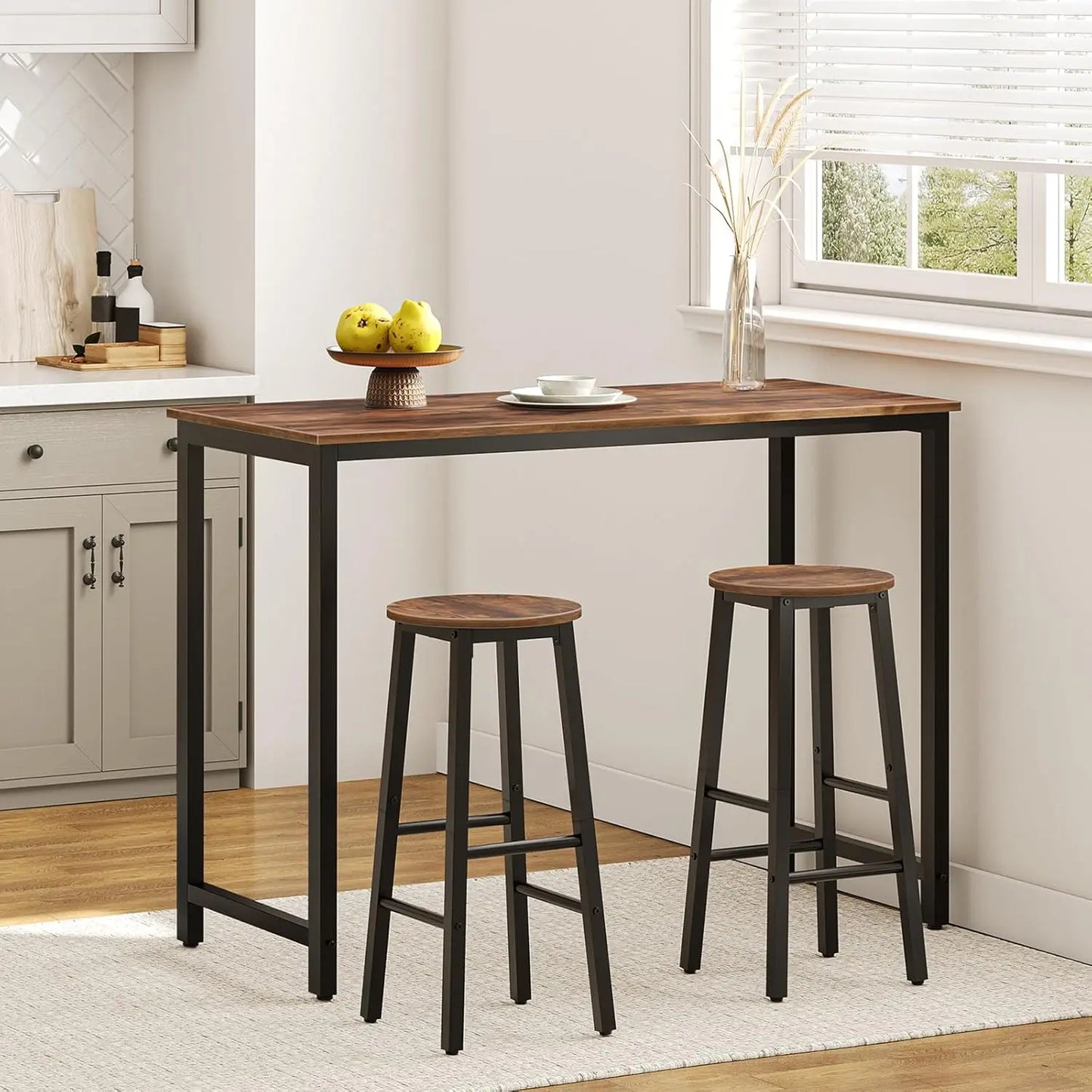 Set of 2 Bar Stools, Counter Height 24.8", Rustic Brown and Black