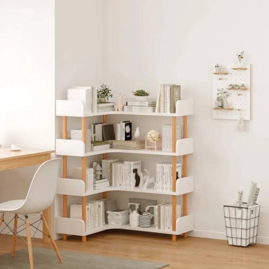 4-Tier Reversible L-Shaped Corner Bookshelf | Solid Wood Frame Display Case