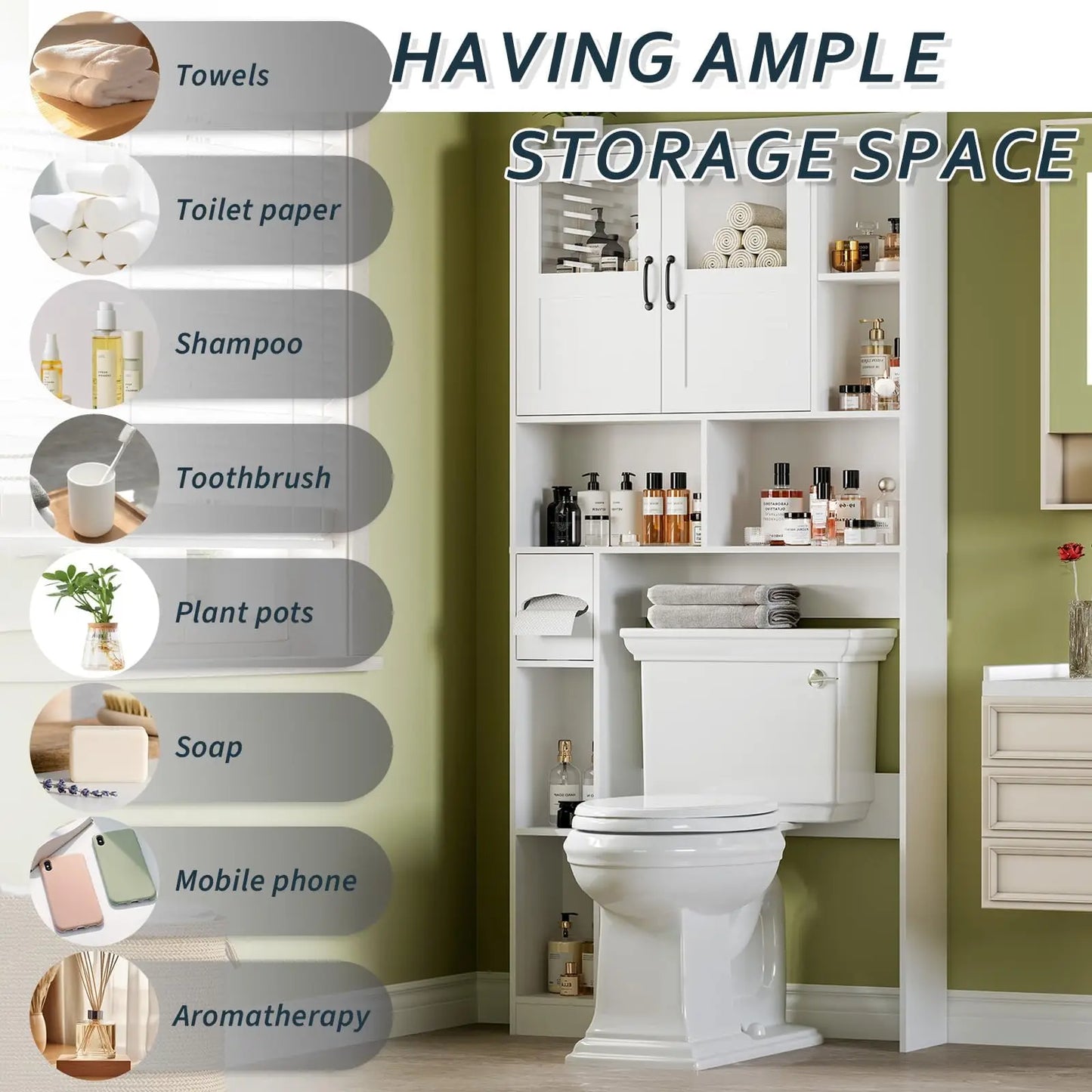 67.4" Over Toilet Storage Cabinet With Glass Door