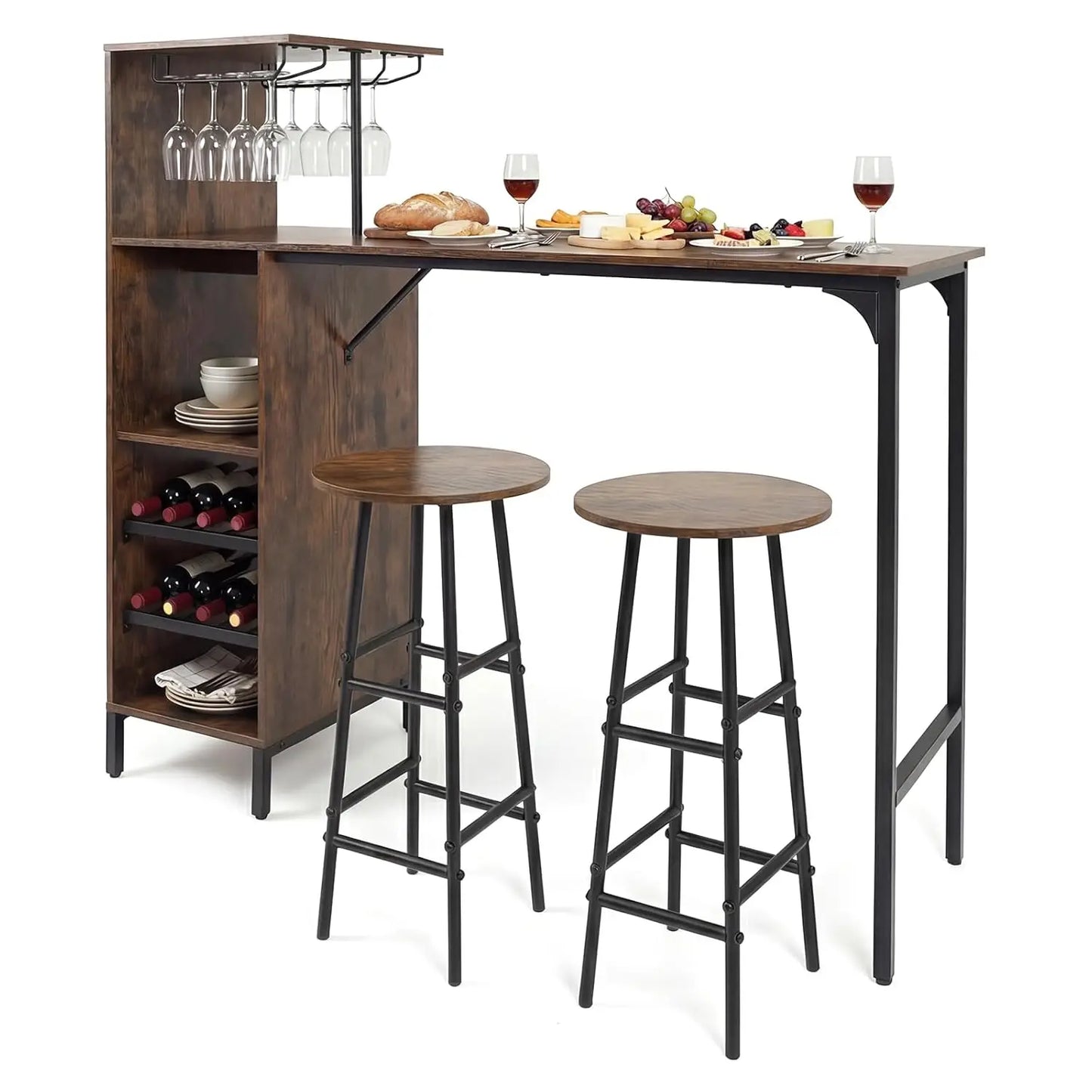 3‑Piece Bar Table & Stool Set – Space‑Saving Design with Built‑In Glass Holder