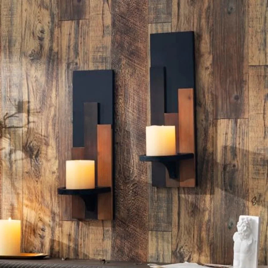Wood Rustic Candle Sconces Set of 2 Wall-Mounted Pillar Candle Holders