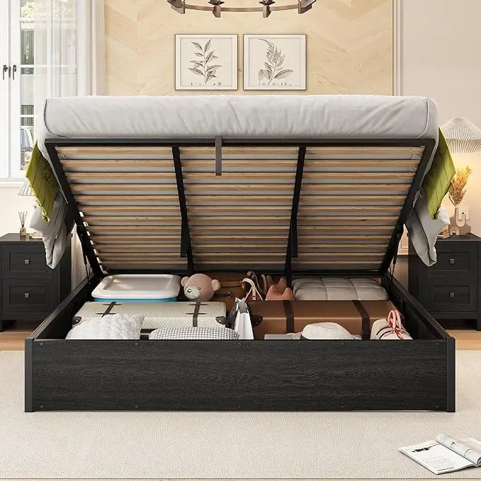 Queen Bed Frame with Lift up Storage, Wooden Platform