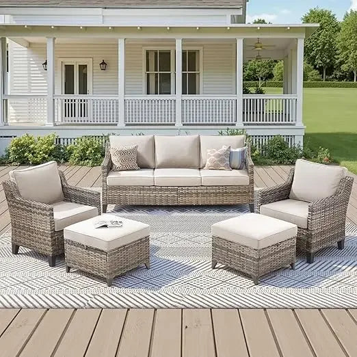 5 Pieces Outdoor Furniture-High Back Wicker Chairs Set of 2 with Comfy Cushions, Ottomans