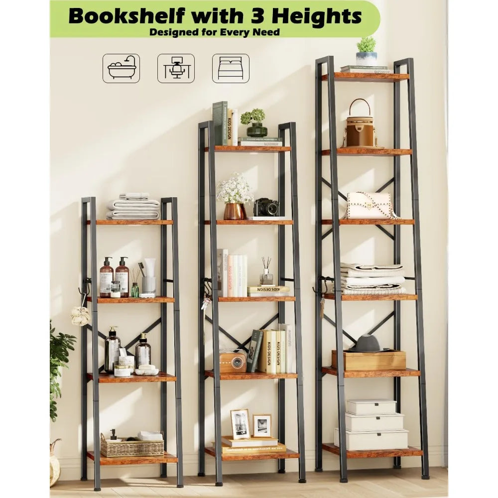 5-Tier Leaning Ladder Shelf Bookcase | Tall Narrow Storage Rack with Hooks