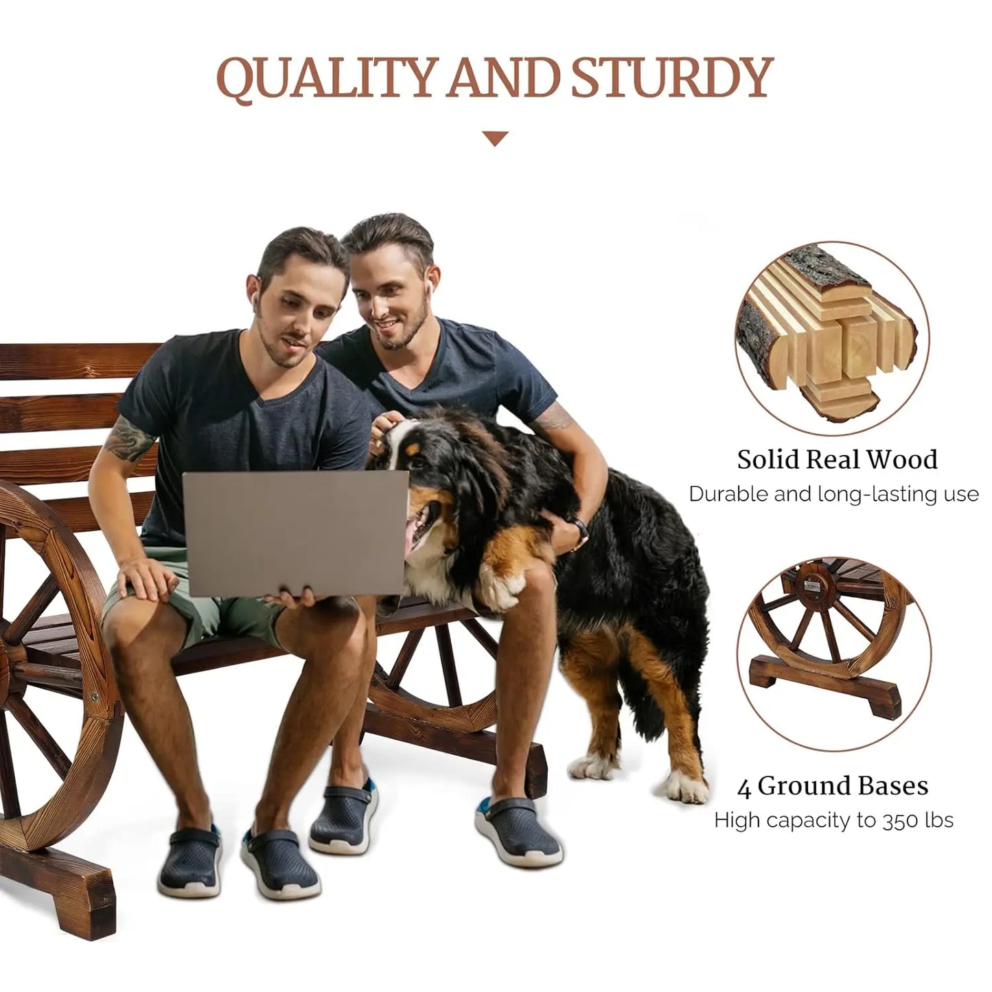 41" Rustic Wooden Outdoor Bench, 2-Person Wagon Wheel Slatted Seat Weather Resistant