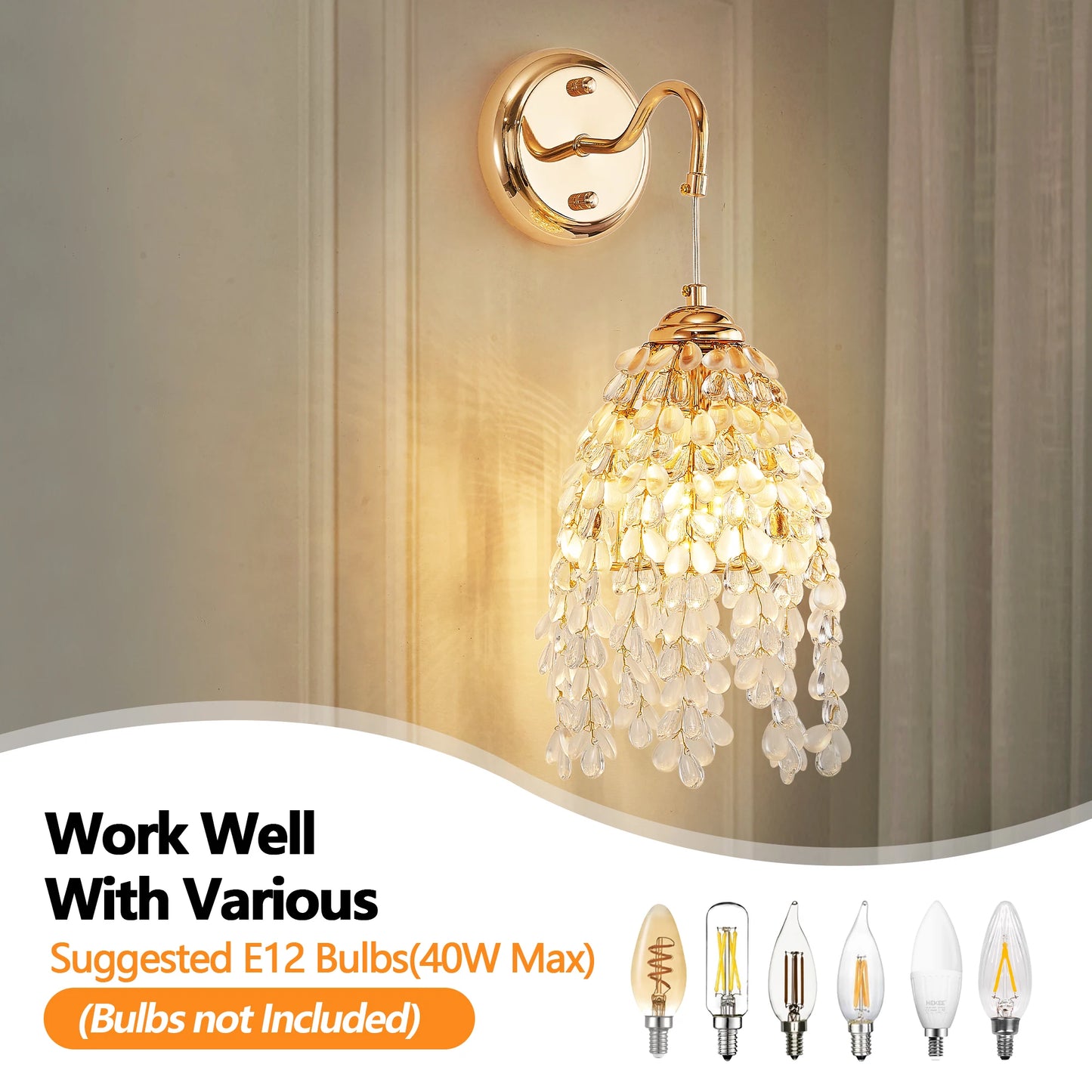 Two-piece wall lamp set with gold-framed grape-shaped crystal bead string
