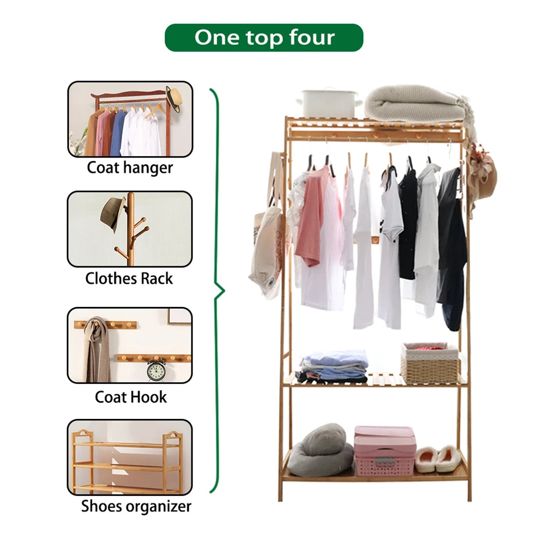 Bamboo Clothes Stand/Rack with 3 Tiers and Storage Shelves