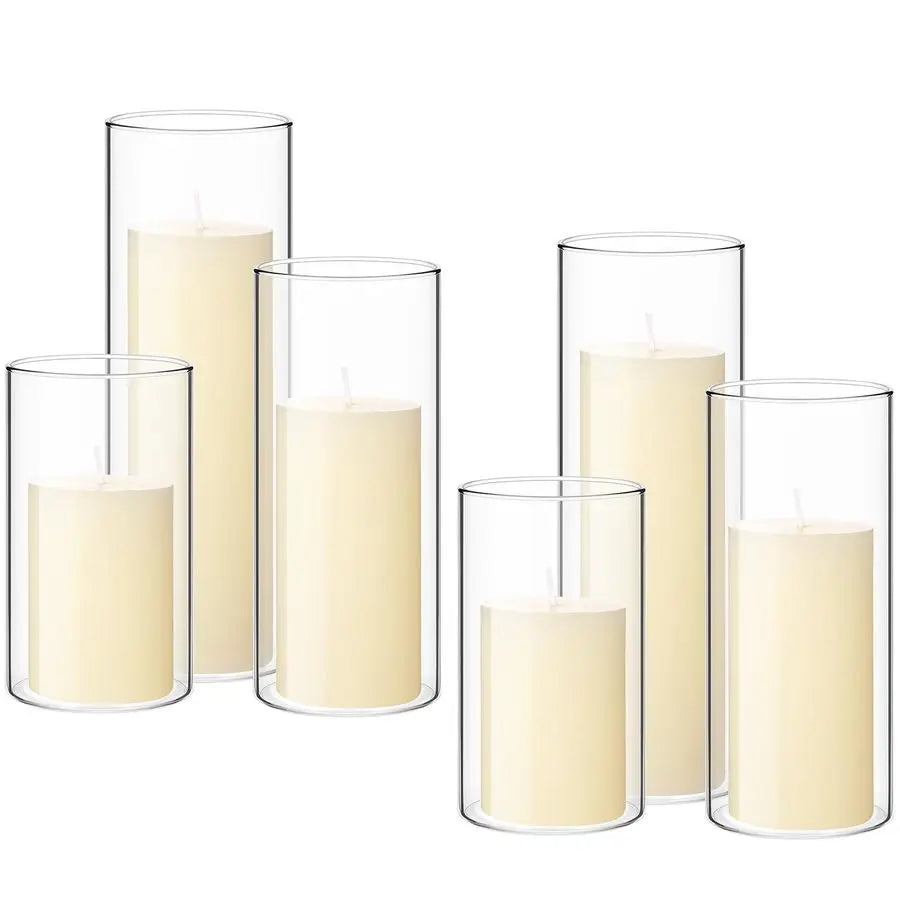 Set of 6 Pillar Candles with Glass Cylinder Vases