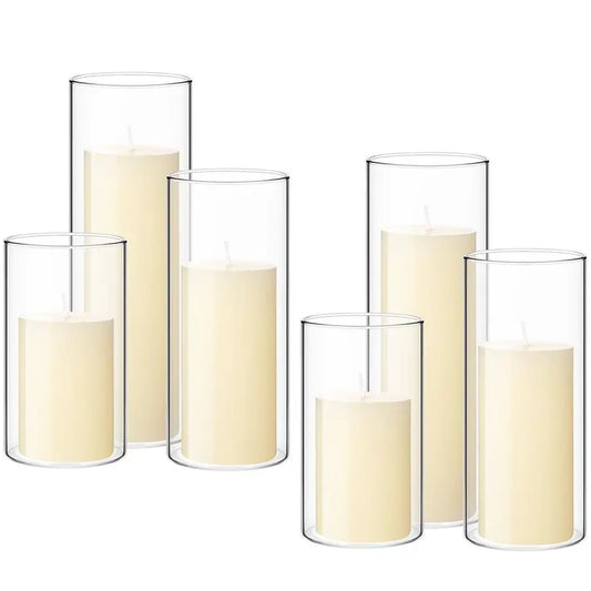 Set of 6 Pillar Candles with Glass Cylinder Vases