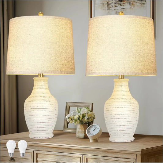 Set of 2 Ceramic Table Lamps with Dimmable Bulb, Linen Shade