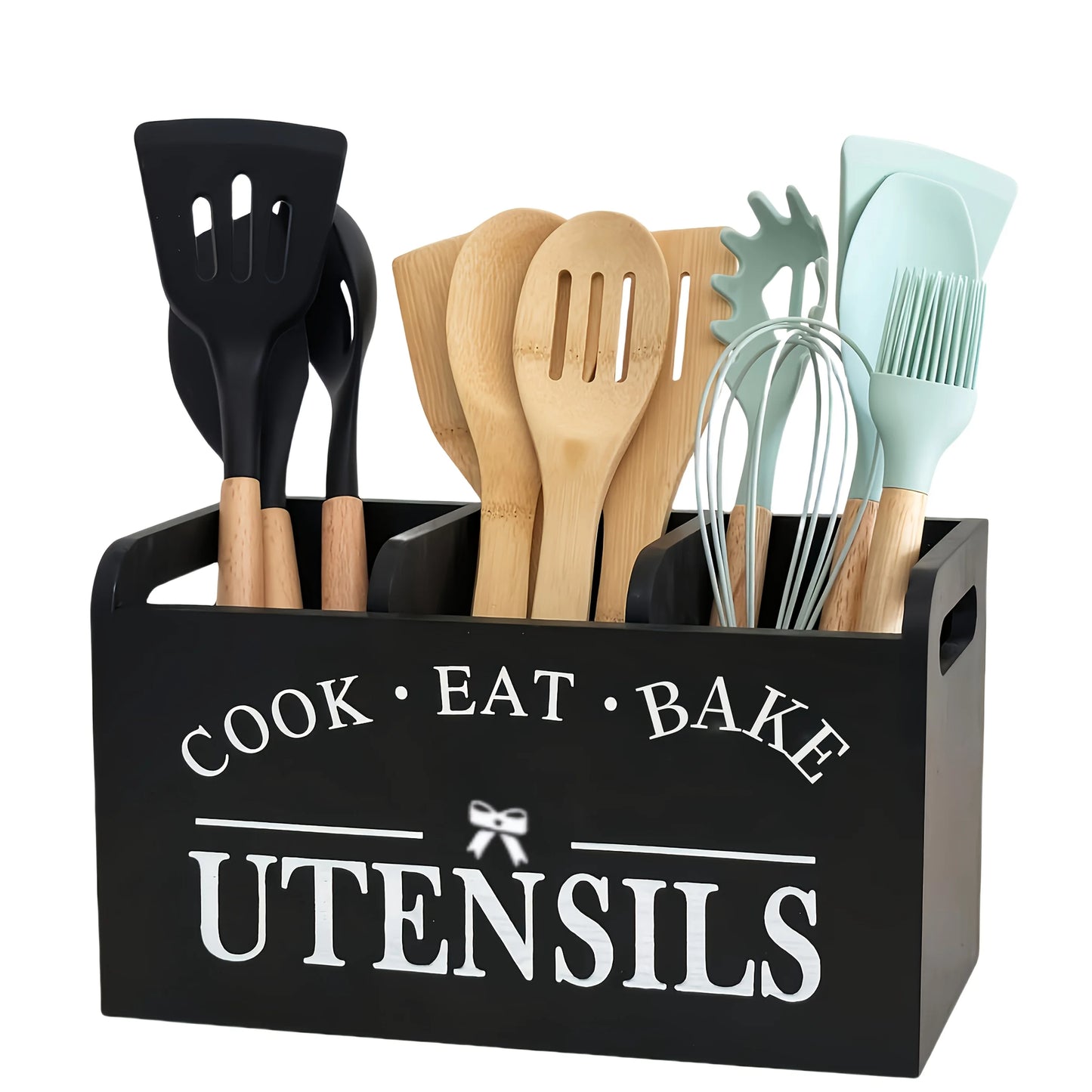 Solid Wood Kitchen Utensil Holder with Divider T