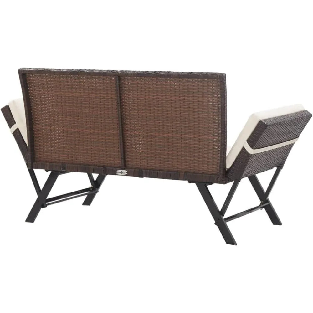 Convertible Bench to Day Bed, Brown Poly Rattan with Cushions, Adjustable Sides