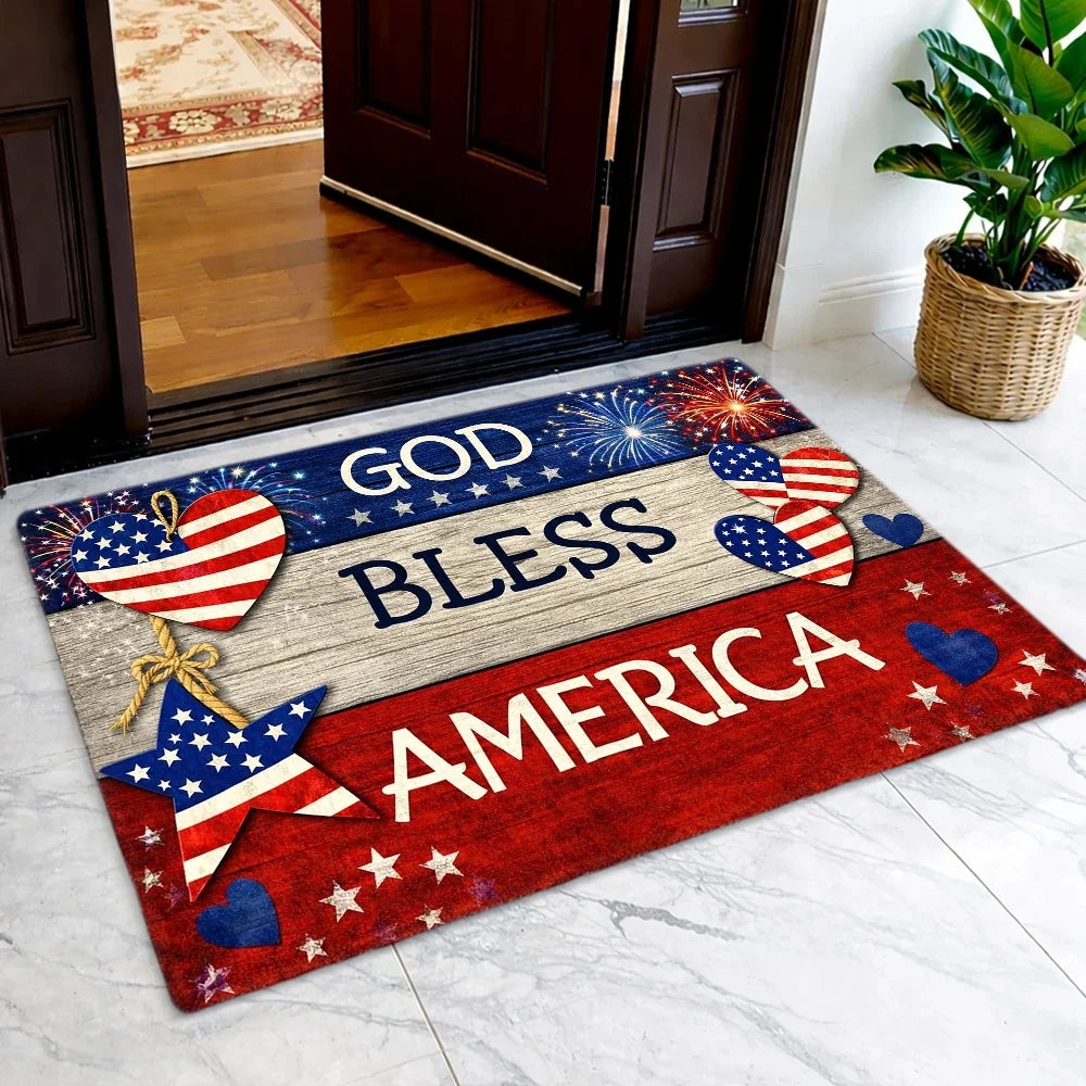 God Bless America Independence Day Doormat American Flag Heart Star Non Slip Wear Resistant Indoor Outdoor Entrance Rug