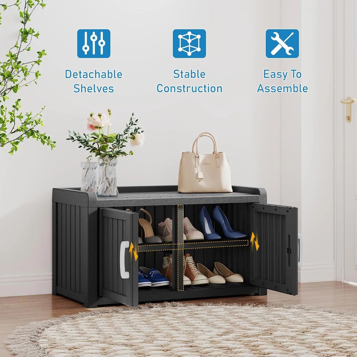 Entryway Shoe Organizer Bench, Waterproof UV-Resistant Shoe Storage Cabinet with Adjustable Shelves
