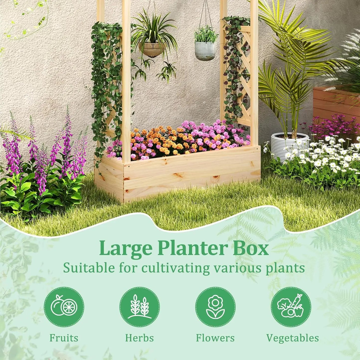 Elevated Garden Box with Trellis for Climbing Vines/plants for Outdoor Patio or Balcony 44x14x45
