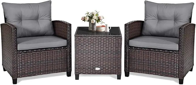 3‑Piece Patio Furniture Set – Outdoor Chairs with Washable Cushions & Tempered Glass Table