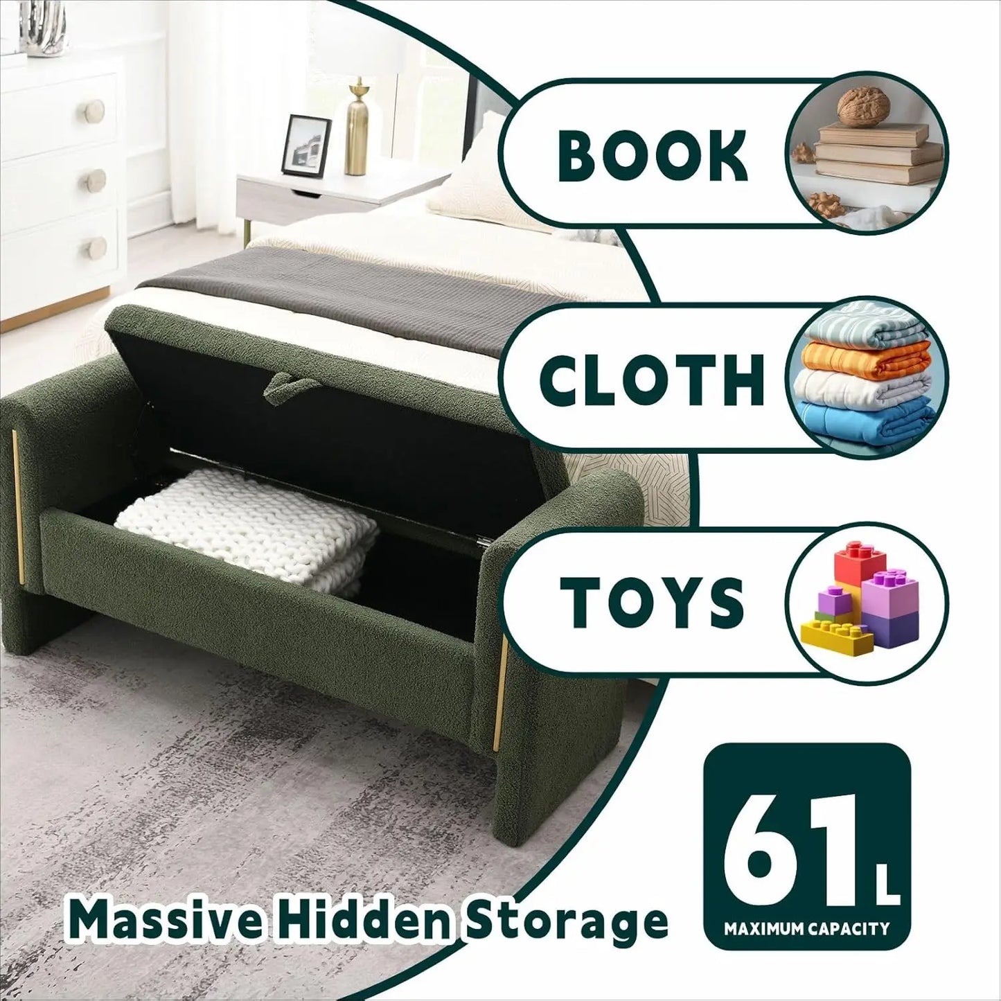 Modern 52" Storage Ottoman Bench, Upholstered with Armrests