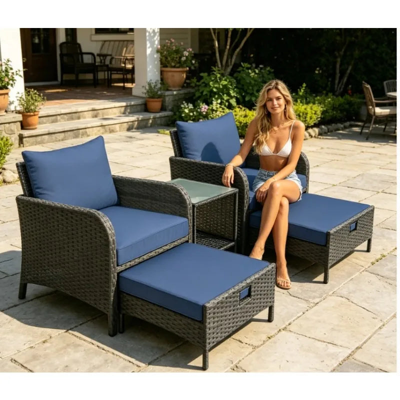 5‑Piece PE Wicker Patio Conversation Set – Lounge Chairs with Cushions, Ottoman & Side Table