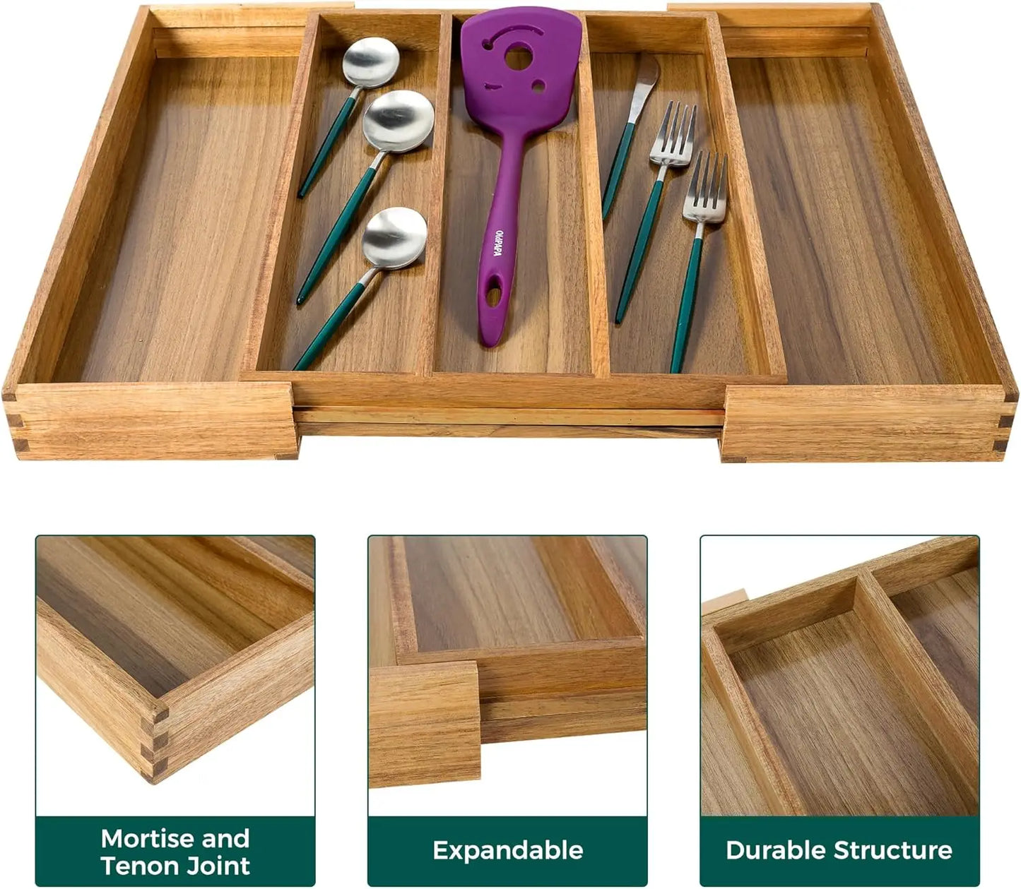 Acacia Kitchen Drawer Organizer Expandable, Large Utensils and Cutlery Tray, Adjustable