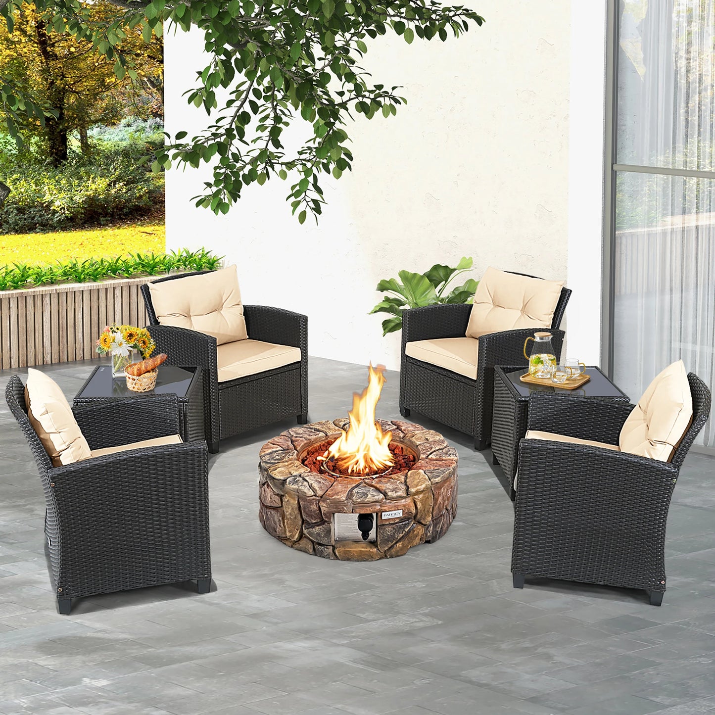 7‑Piece Rattan Wicker Patio Furniture Set – Outdoor Sectional with Gas Fire Pit Table & Cushions