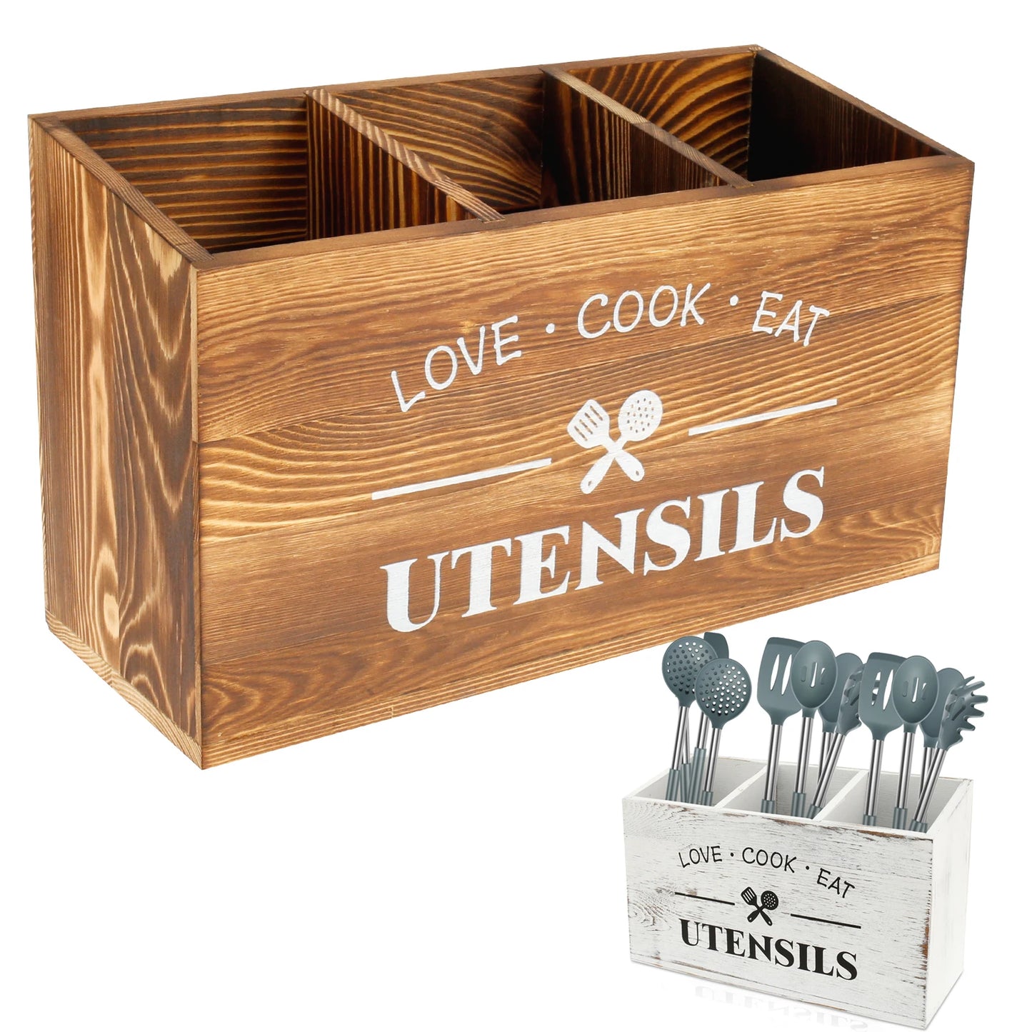 Wood Kitchen Utensil Holder – Large Spoon, Fork & Tableware Storage Caddy Organizer