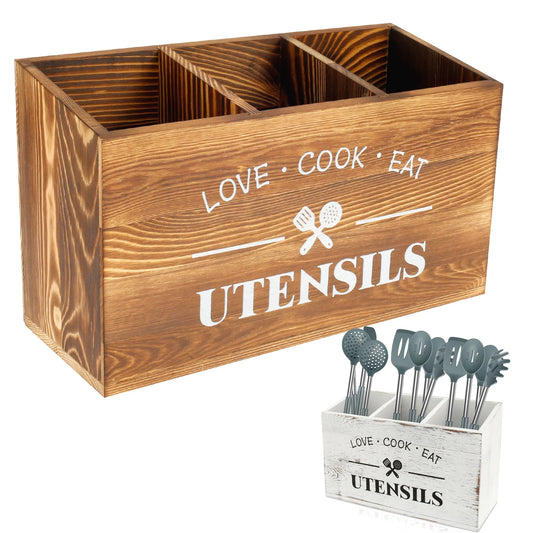Wood Kitchen Utensil Holder – Large Spoon, Fork & Tableware Storage Caddy Organizer