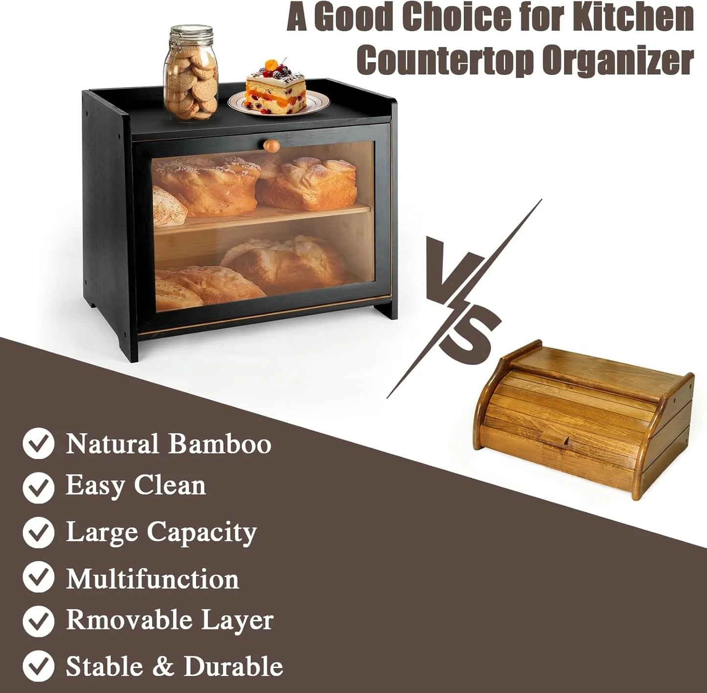 2‑Tier Large‑Capacity Bread Box – Double‑Layer Bamboo Storage Bin with Clear Window