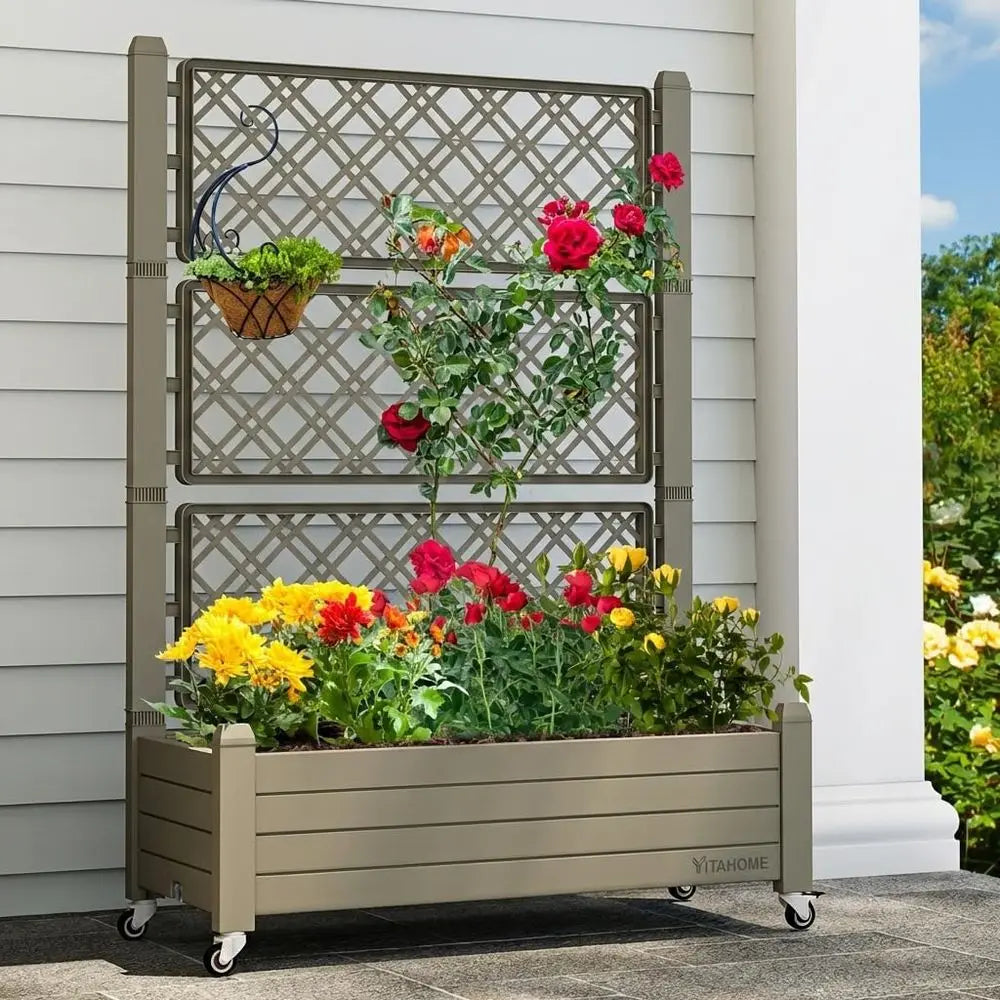 43.3x17.7x61 inch Planter Box with Trellis, Wheels & Drain Plug