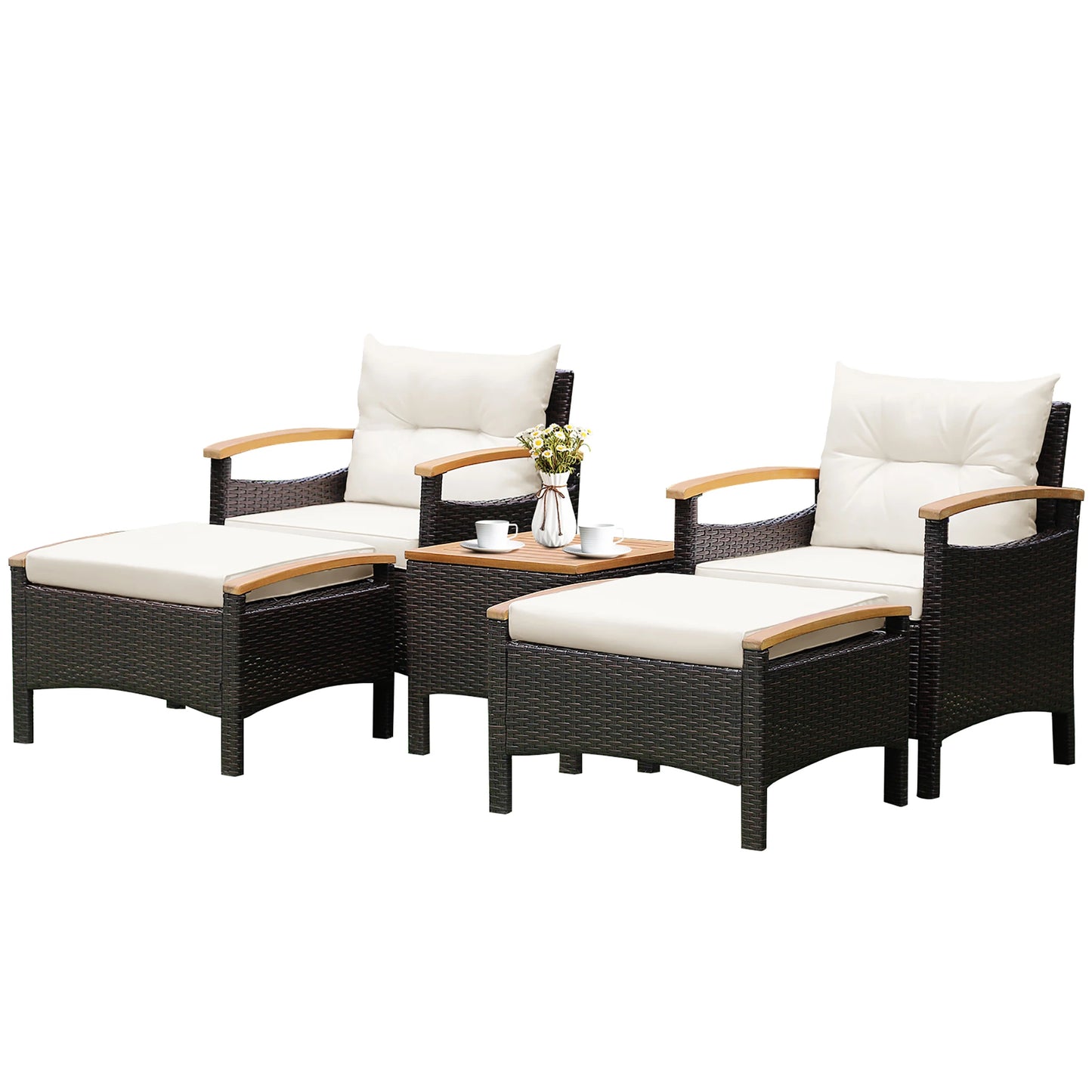 5-PCS Patio Rattan Wicker Furniture Set, 2 Chairs, 2 Ottomans with Table
