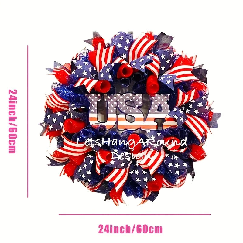 24" Patriotic Wreath – Red, White & Blue USA Flag Design with Stars, Stripes & Lettering