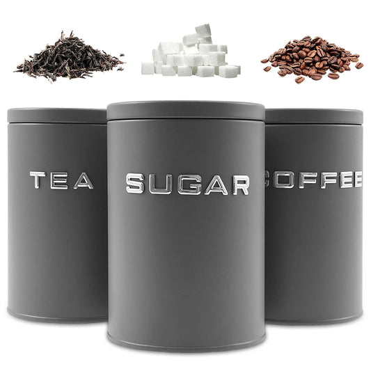 3‑Piece Tea, Coffee & Sugar Canister Set – Airtight Metal Kitchen Containers with Lids