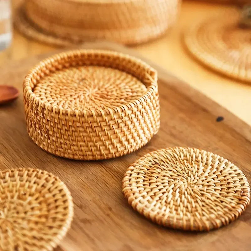 Heritage Round Rattan Coaster Set | 6-Piece Woven Drink Mats