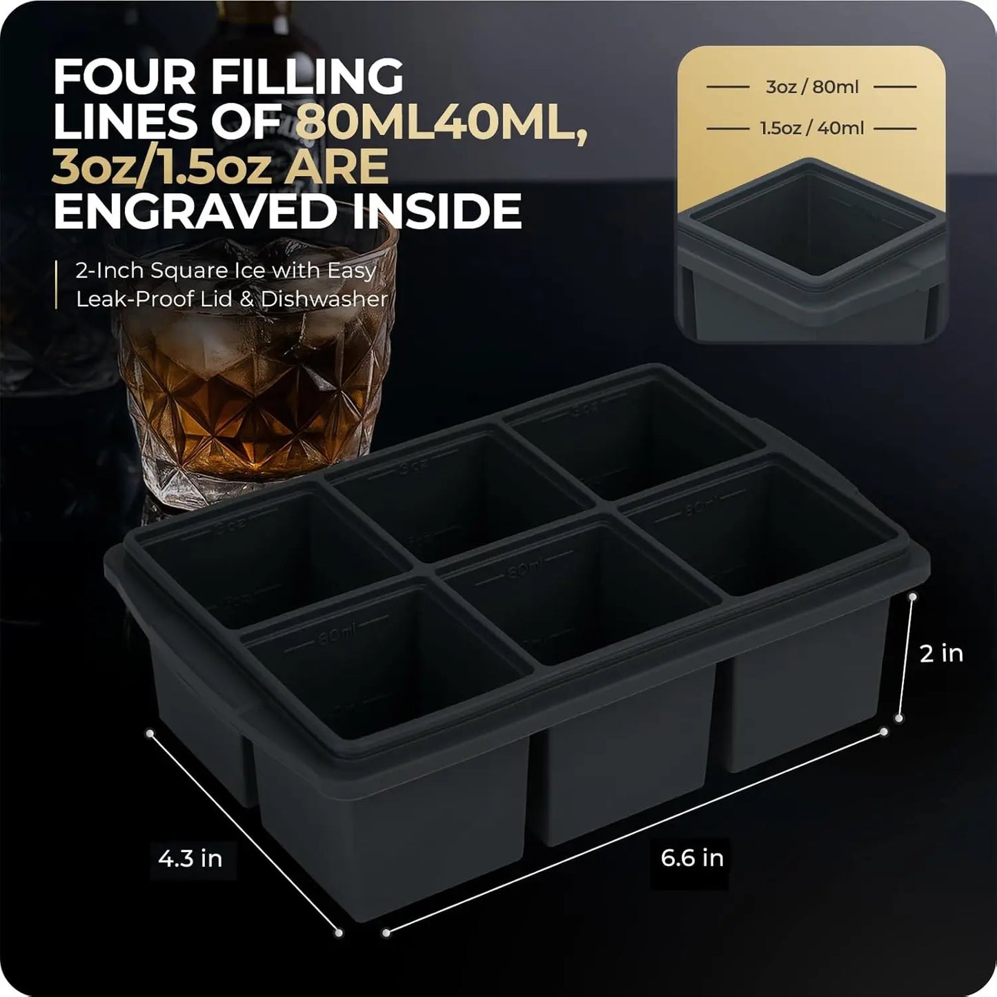 Silicone Ice Cube Tray with Lid – 12 Large 2‑Inch Cubes for Whiskey & Cocktails (2‑Pack)