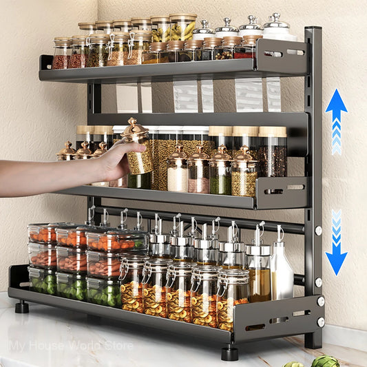3‑Tier Spice Storage Rack – Adjustable Countertop Organizer, Metal Shelf in Black